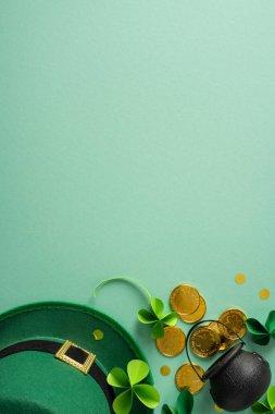 Yeşil dikey temalı Aziz Patrick Günü sahnesinde dekoratif yeşil şapka, yoncalar ve içinde bozuk paralar bulunan bir tencere altın, şans, gelenek ve şenlikli karşılama için İrlanda mirası yer alıyor.