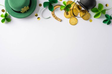 Yeşil bir şapka, yonca, bozuk para, at nalı ve gözlüklerle dolu canlı Aziz Patrick Günü sahnesi. Kutlama ya da kutlama için hazırlanmış şenlikli bir dekor.