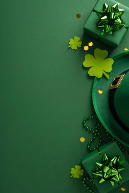 Aziz Patrick Günü dikey sahnesinde yeşil şapkalı yonca kesikleri hediye paketi yayı ve altın konfetisi var. Şenlik havası, şans kutlamalarını ve parlak renkler ve şen sembollerle selamlamayı çağrıştırıyor.