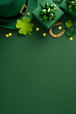 Aziz Patrick Günü için dikey yeşil temalı bir sahne hediye kutuları, yonca, şapka, at nalı, boncuklar ve konfeti, tebrik kartları, promosyonlar ve şenlikli markalaşma için ideal.