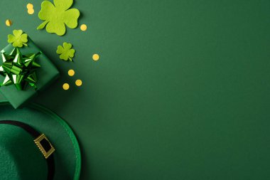Canlı yeşil arkaplan yoncaları, parlak kurdeleli bir hediye ve klasik bir şapka. Kutlamalar ve tatil terfileri için uygun neşeli bir Aziz Patrick Günü sahnesi.