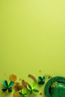 Parlak yeşil bir şapka, yoncalar ve dağınık sarı-yeşil arka planda altın sikkelerin yer aldığı dikey bir Aziz Patrick Günü sahnesi, şans ve kutlamaları çağrıştırıyor.