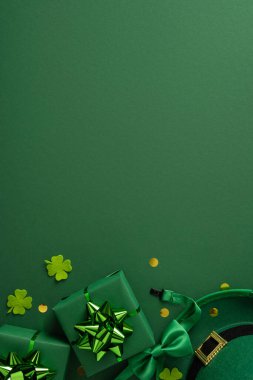 Yoncalar, paketlenmiş hediyeler, leprikon şapkalar, kurdeleler ve altın aksanlı kutlamalar, şans ve İrlanda ruhuyla dolu Aziz Patrick Günü için canlı dikey yeşil sahne