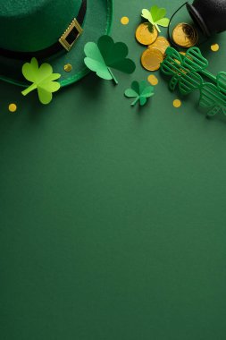 Noel kartları ve mevsimlik promosyonlar için koyu yeşil bir zemin üzerine yerleştirilmiş leprikon şapka, kağıt yonca ve çikolata altın sikkelerinin yer aldığı dikey bir Aziz Patrick Günü karşılama sahnesi.