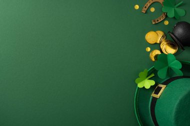 Yeşil leprikon şapka, kağıt yonca, altın sikke ve sezonluk kutlamalar için koyu yeşil arka planda at nalı içeren şenlikli Aziz Patrick Günü kompozisyonu.