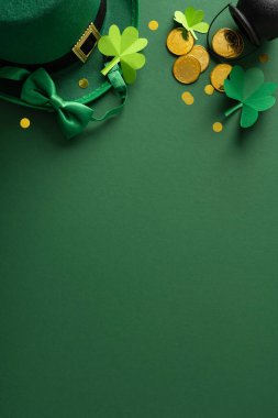 Yeşil bir leprikon şapka, kağıt yonca, altın sikkeler ve mevsimlik kutlamalar için koyu yeşil arka planda konfetilerin yer aldığı şenlikli St. Patrick Günü kutlamaları.