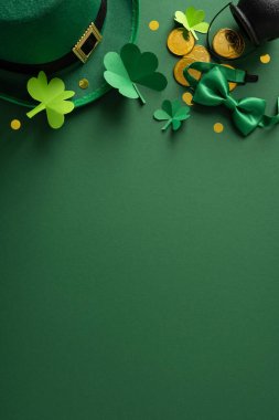 Yeşil leprikon şapka, kağıt yonca, altın sikke ve bayram kartları, arka plan ve kutlama tasarımları için saten papyon içeren Aziz Patrick Günü dikey selamlaması