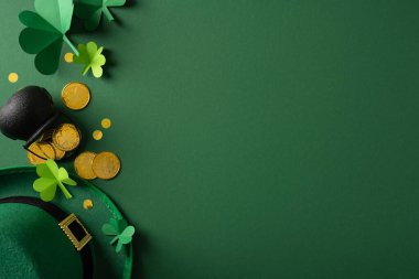 Yeşil leprikon şapka, kağıt yonca süslemeleri ve dağınık altın sikkeler eşliğinde İrlanda kutlamaları ve iyi şanslar içeren Aziz Patrick Günü 'nü kutluyoruz.