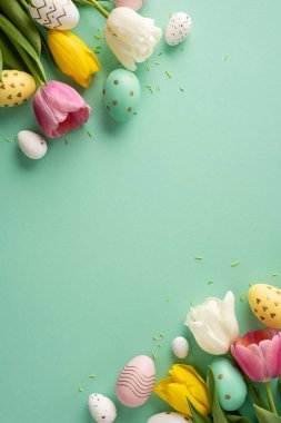Parlak dikey Paskalya sahnesinde lale çiçekleri ve nane arkaplanı üzerine yerleştirilmiş elle boyanmış yumurtalar bahar havasını ve neşe dolu süslemeleri sunar.