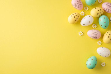 Pastel süslemeli yumurtalar ve parlak sarı bir arka planda sergilenen küçük papatyaların yer aldığı mutlu Paskalya sahneleri bahar neşesi ve şenlikli süslemeler sunuyor.