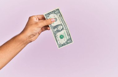 İzole edilmiş pembe arka planda bir dolar tutan İspanyol bir adam..