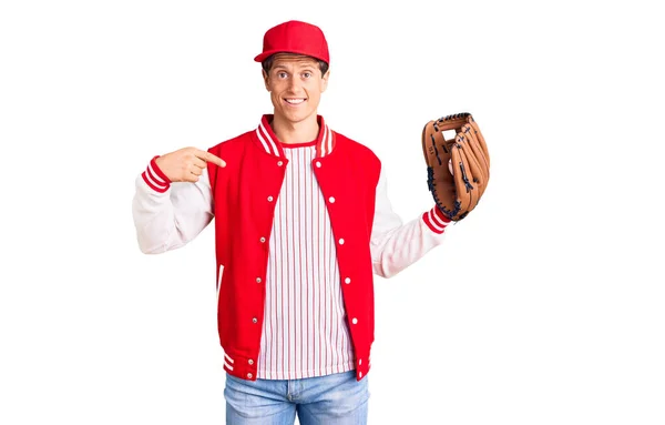 Young Handsome Man Wearing Baseball Uniform Holding Golve Ball Pointing — Stock Photo, Image