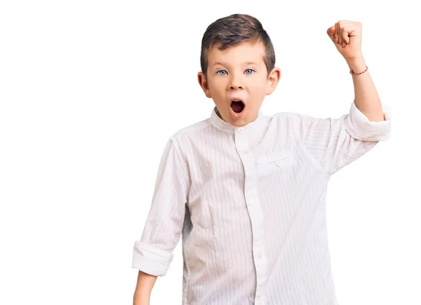 Niño Rubio Lindo Con Camisa Elegante Enojado Loco Levantando Puño —  Fotos de Stock