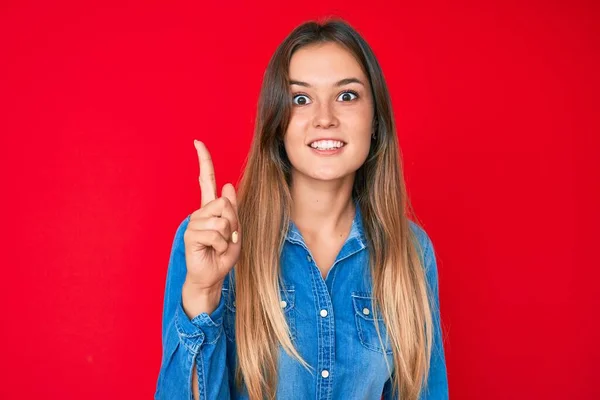 Beautiful Caucasian Woman Wearing Casual Denim Shirt Smiling Idea Question — Stock Photo, Image