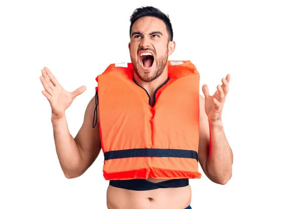 Young Handsome Man Wearing Lifejacket Crazy Mad Shouting Yelling Aggressive — Stock Photo, Image