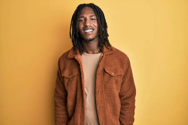 African American Man Braids Wearing Brown Retro Jacket Happy Cool — Stock Photo, Image