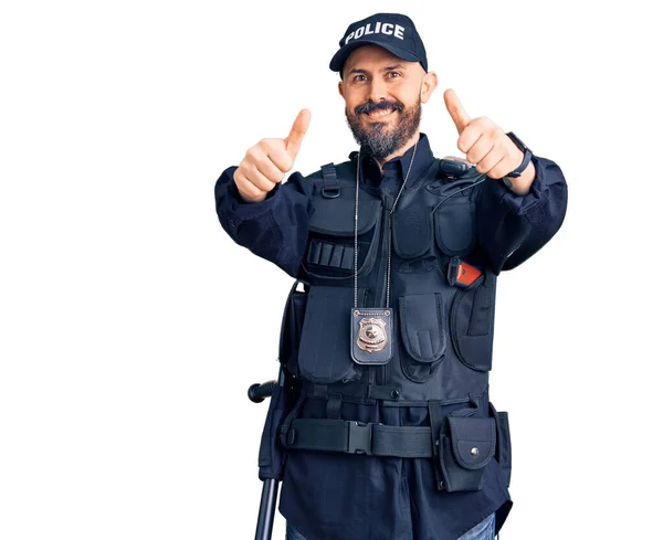 Young Handsome Man Wearing Police Uniform Approving Doing Positive Gesture — Stock Photo, Image