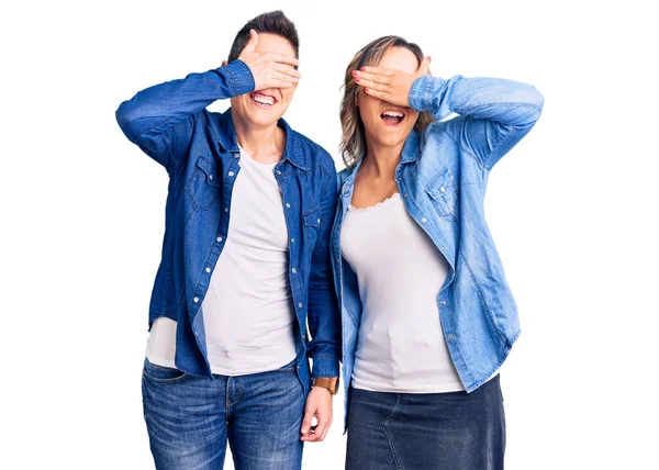 Couple Women Wearing Casual Clothes Smiling Laughing Hand Face Covering — Stock Photo, Image