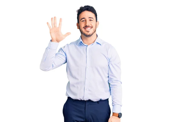 Young Hispanic Man Wearing Business Clothes Showing Pointing Fingers Number — Stock Photo, Image