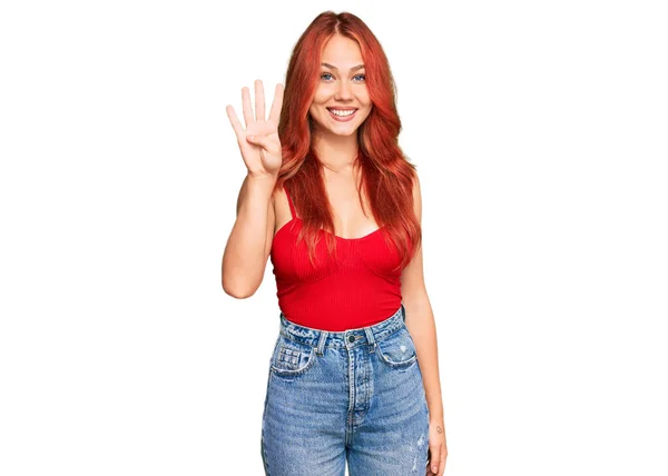 Young Redhead Woman Wearing Casual Clothes Showing Pointing Fingers Number — Stock Photo, Image