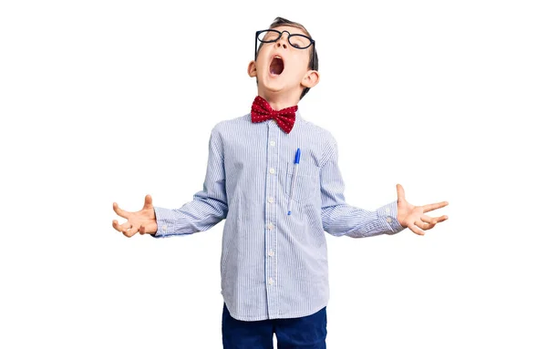 Cute Blond Kid Wearing Nerd Bow Tie Glasses Crazy Mad — Stock Photo, Image