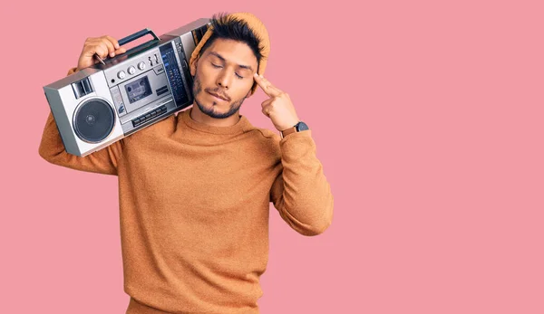 Handsome Latin American Young Man Holding Boombox Listening Music Shooting — Stock Photo, Image