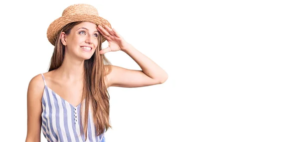 Joven Mujer Rubia Hermosa Con Sombrero Verano Muy Feliz Sonriente — Foto de Stock