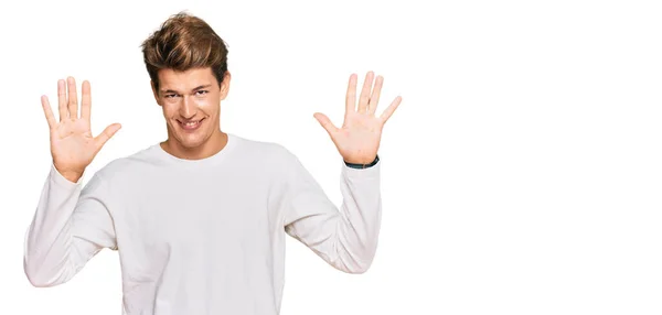 Handsome Caucasian Man Wearing Casual White Sweater Showing Pointing Fingers — Stock Photo, Image