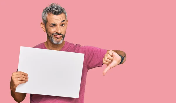 Middle Age Grey Haired Man Holding Blank Empty Banner Angry — Stock Photo, Image