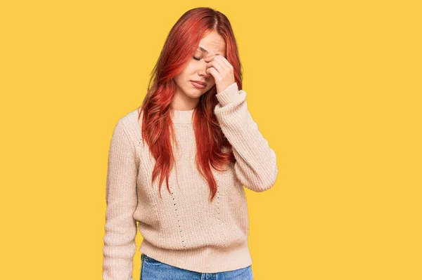 Young Redhead Woman Wearing Casual Winter Sweater Tired Rubbing Nose — Stock Photo, Image