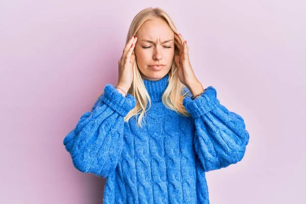 Young Blonde Girl Wearing Wool Winter Sweater Hand Head Pain — Stock Photo, Image