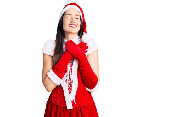 Νεαρή Όμορφη Καυκάσια Γυναίκα Φορώντας Κοστούμι Santa Claus Χαμογελώντας Χέρια — Φωτογραφία Αρχείου