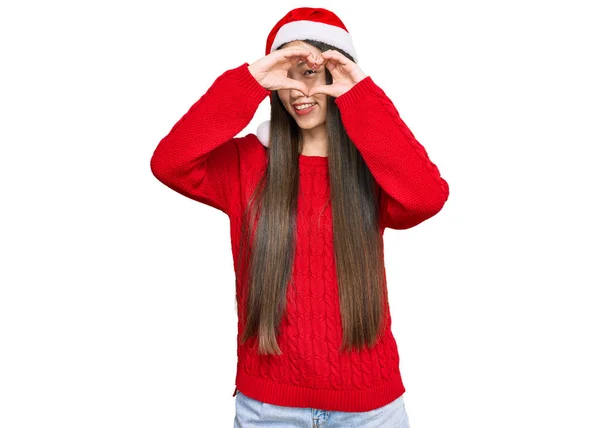 Jovem Chinesa Usando Chapéu Natal Fazendo Forma Coração Com Mão — Fotografia de Stock