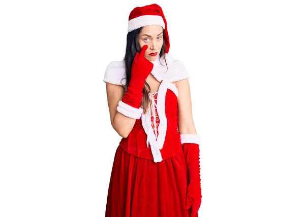 Joven Hermosa Mujer Caucásica Vistiendo Traje Santa Claus Señalando Ojo — Foto de Stock