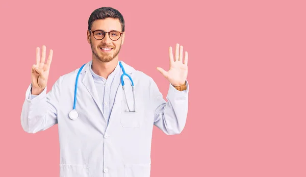 Handsome Young Man Bear Wearing Doctor Uniform Showing Pointing Fingers — Stock Photo, Image