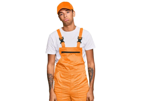 Young Handsome African American Man Wearing Handyman Uniform Depressed Worry — Stock Photo, Image