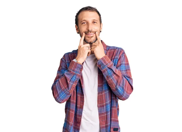 Young Handsome Man Wearing Casual Clothes Smiling Open Mouth Fingers — Stock Photo, Image
