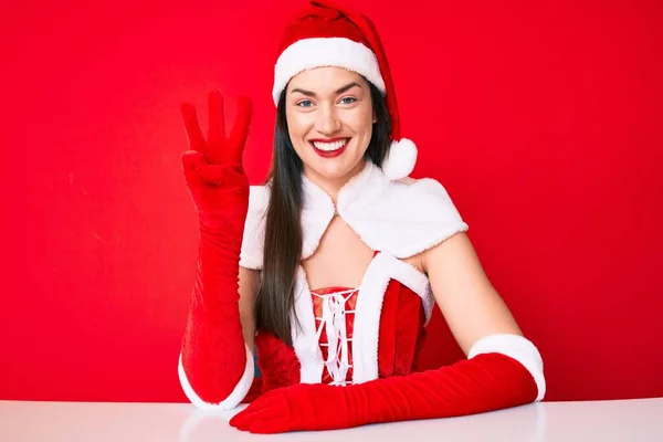 Jeune Femme Caucasienne Portant Santa Claus Costume Montrant Pointant Vers — Photo