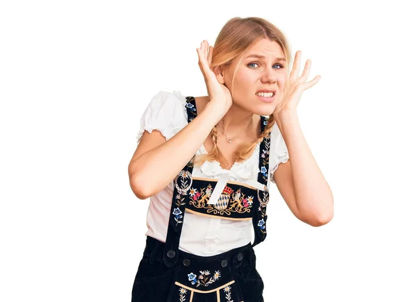 Giovane Bella Donna Bionda Che Indossa Abito Oktoberfest Cercando Sentire — Foto Stock