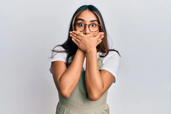 Young Latin Woman Wearing Casual Clothes Glasses Shocked Covering Mouth — Stock Photo, Image