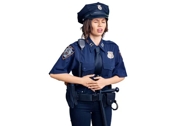 Ung Vacker Flicka Bär Polisuniform Med Handen Magen Eftersom Illamående — Stockfoto