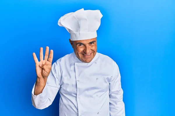 Mature Middle East Man Wearing Professional Cook Uniform Hat Showing — Stock Photo, Image