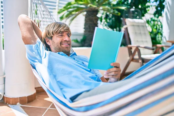 Middle Age Handsome Man Terrace His House Relaxing Lying Hammock — Stock Photo, Image