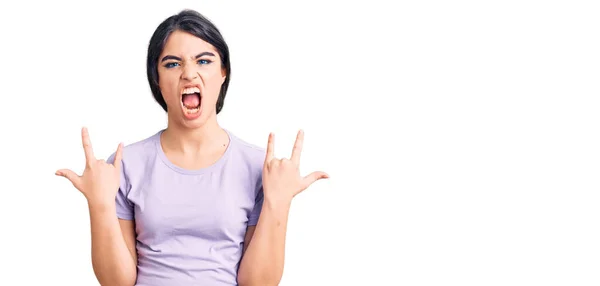 Bruneta Teenager Dívka Sobě Ležérní Oblečení Křičí Bláznivým Výrazem Dělat — Stock fotografie