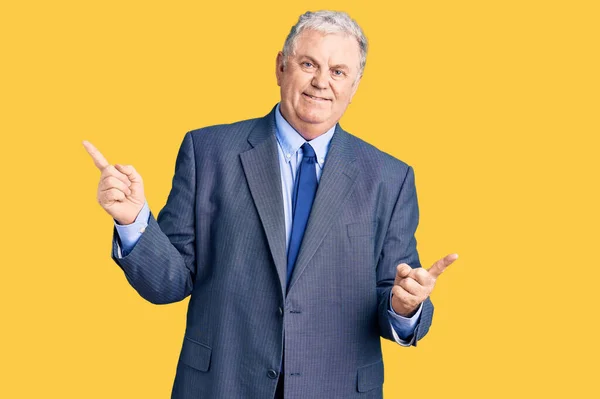 Senior Grey Haired Man Wearing Business Jacket Smiling Confident Pointing — Stock Photo, Image