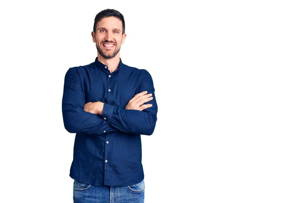 Jovem Homem Bonito Vestindo Camisa Casual Rosto Feliz Sorrindo Com — Fotografia de Stock