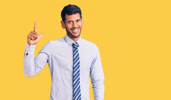 Young Latin Man Wearing Business Clothes Pointing Finger Successful Idea — Stock Photo, Image