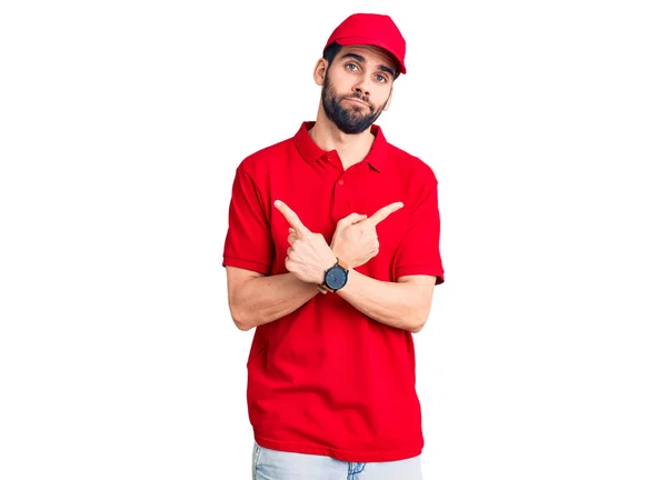 Homem Bonito Jovem Com Barba Vestindo Uniforme Entrega Apontando Para — Fotografia de Stock