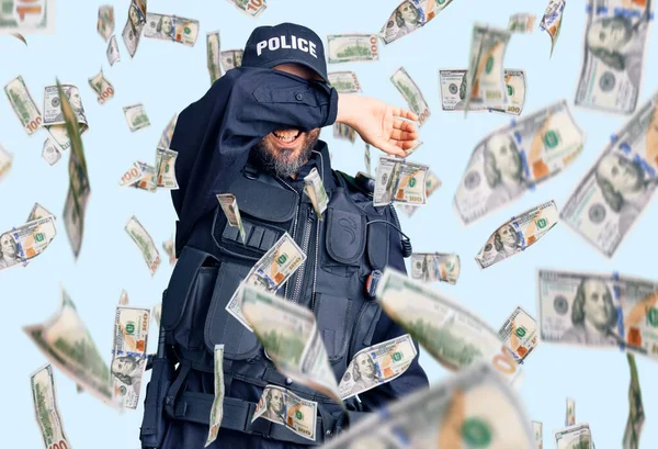 Young Handsome Man Wearing Police Uniform Covering Eyes Arm Smiling — Stock Photo, Image