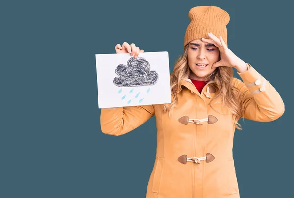 Νεαρή Καυκάσια Γυναίκα Που Φοράει Χειμωνιάτικα Ρούχα Κρατώντας Βροχή Έλκει — Φωτογραφία Αρχείου